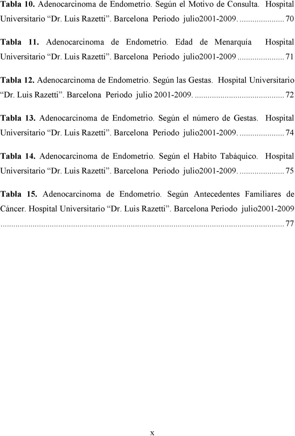 Adenocarcinoma de Endometrio. Según el número de Gestas. Hospital Universitario Dr. Luis Razetti. Barcelona Periodo julio2001-2009.... 74 Tabla 14. Adenocarcinoma de Endometrio.