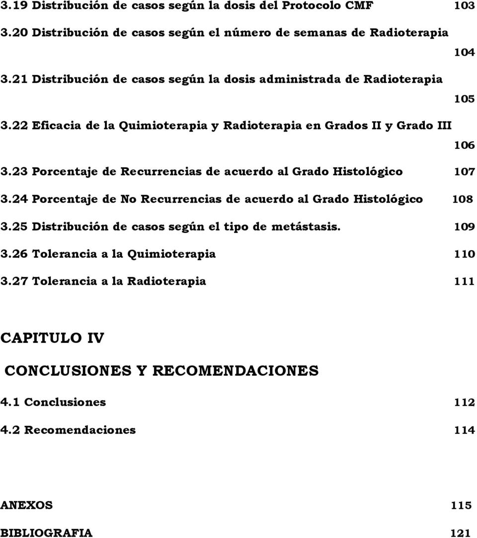 23 Porcentaje de Recurrencias de acuerdo al Grado Histológico 107 3.24 Porcentaje de No Recurrencias de acuerdo al Grado Histológico 108 3.