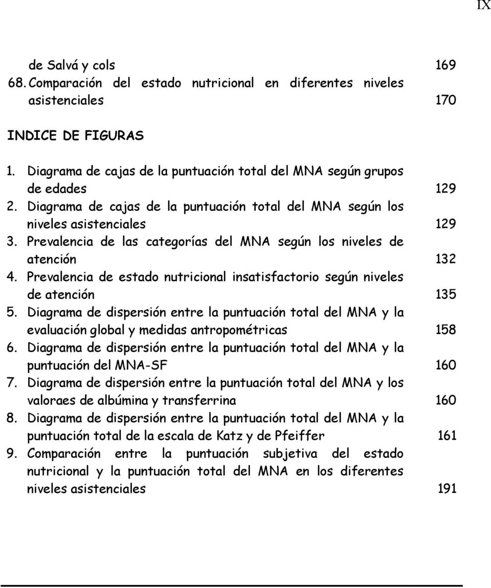 Prevalencia de estado nutricional insatisfactorio según niveles de atención 5. Diagrama de dispersión entre la puntuación total del MNA y la evaluación global y medidas antropométricas 6.