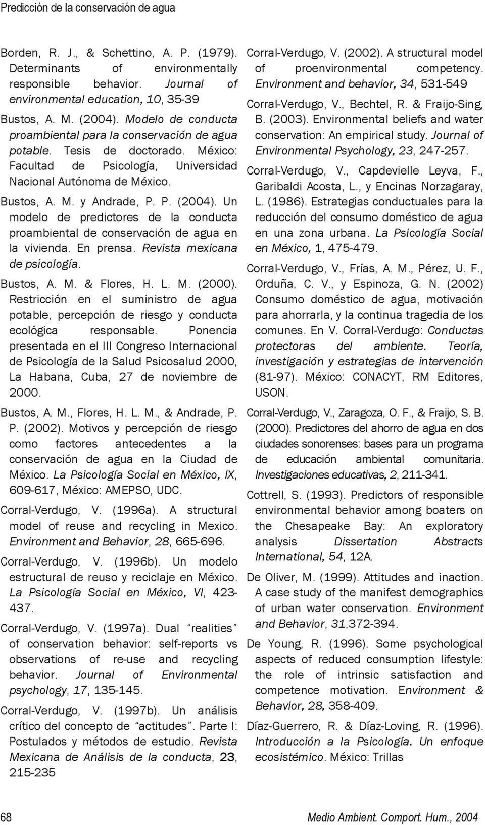 P. (2004). Un modelo de predictores de la conducta proambiental de conservación de agua en la vivienda. En prensa. Revista mexicana de psicología. Bustos, A. M. & Flores, H. L. M. (2000).