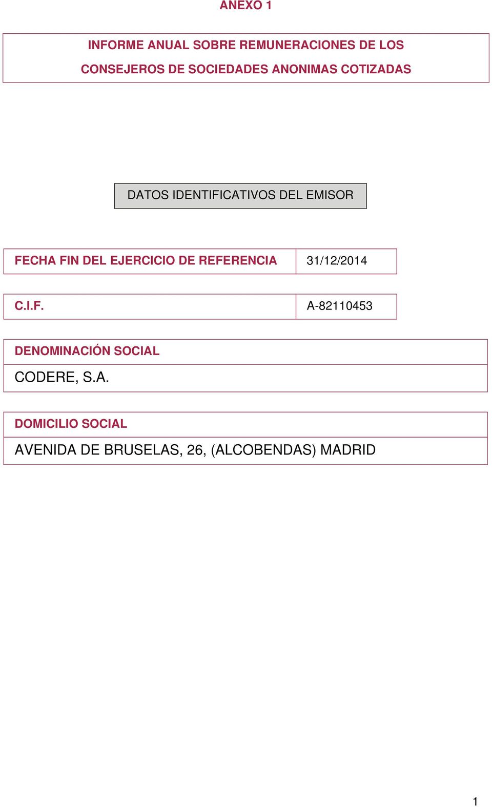 DEL EJERCICIO DE REFERENCIA 31/12/2014 C.I.F. A-82110453 DENOMINACIÓN SOCIAL CODERE, S.