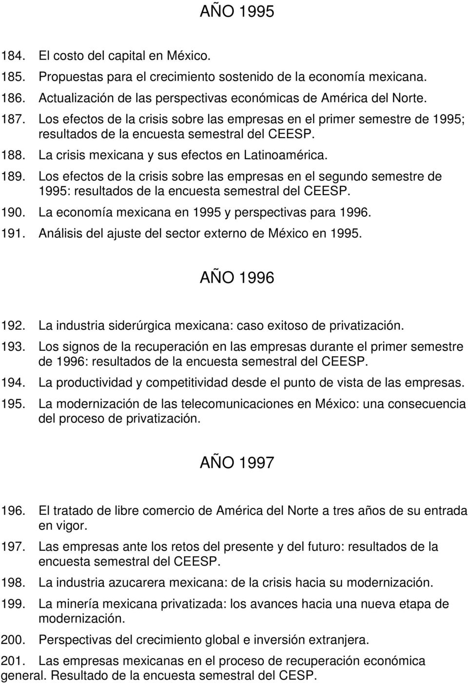 Los efectos de la crisis sobre las empresas en el segundo semestre de 1995: resultados de la encuesta semestral del CEESP. 190. La economía mexicana en 1995 y perspectivas para 1996. 191.