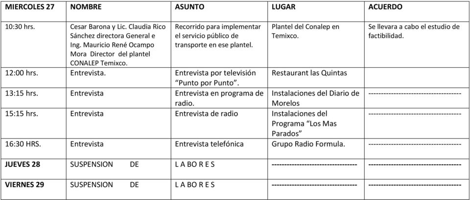 13:15 hrs. Entrevista Entrevista en programa de radio. Instalaciones del Diario de Morelos 15:15 hrs.