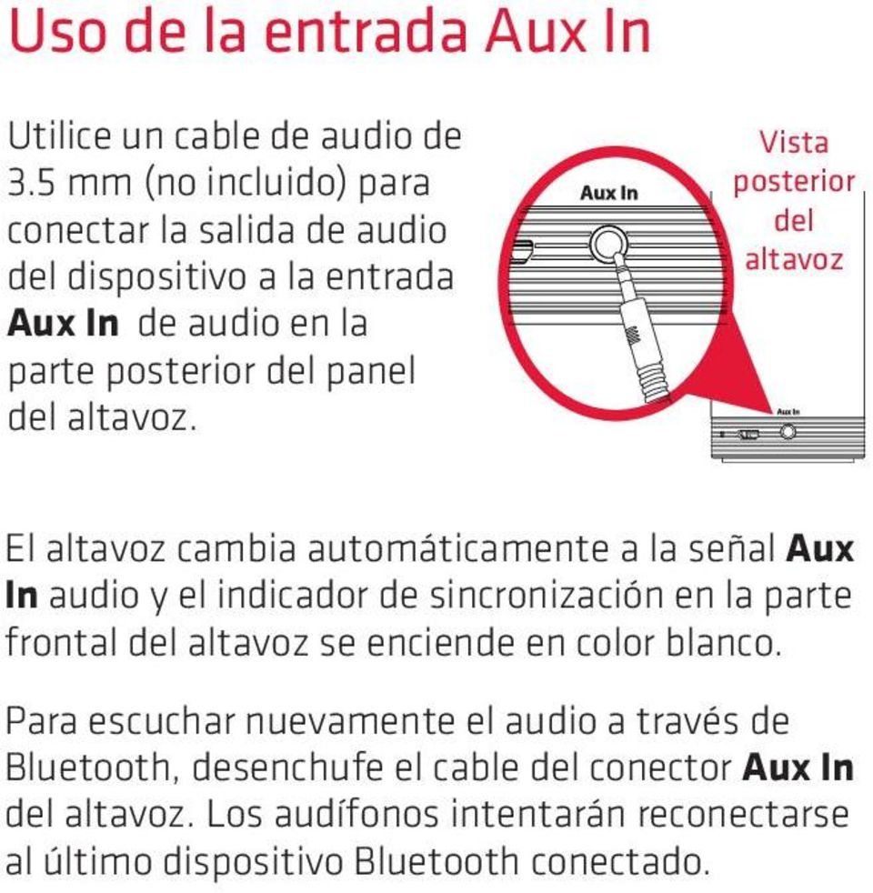 Vista posterior del altavoz El altavoz cambia automáticamente a la señal Aux In audio y el indicador de sincronización en la parte frontal