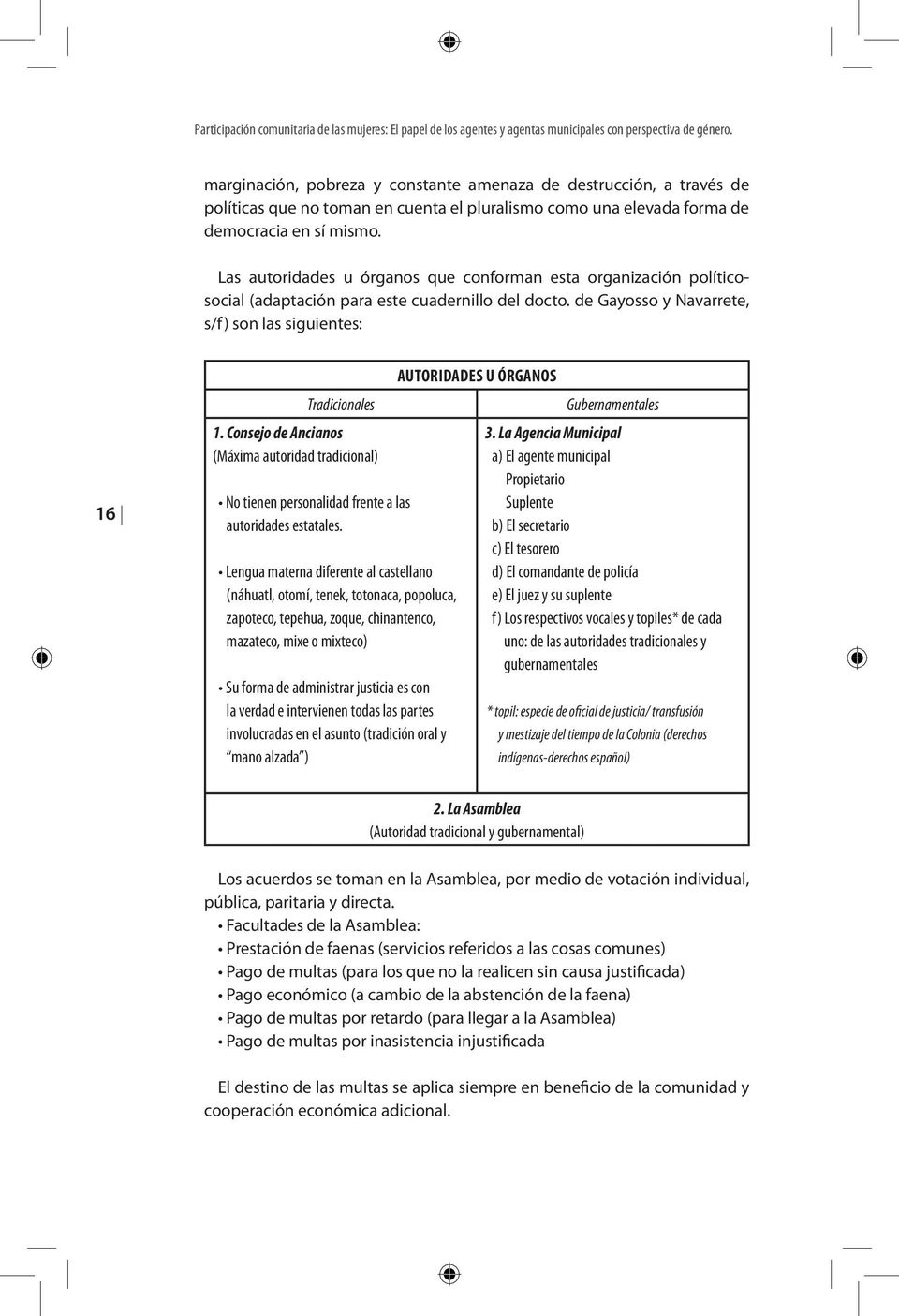 Las autoridades u órganos que conforman esta organización políticosocial (adaptación para este cuadernillo del docto. de Gayosso y Navarrete, s/f) son las siguientes: 16 Tradicionales 1.