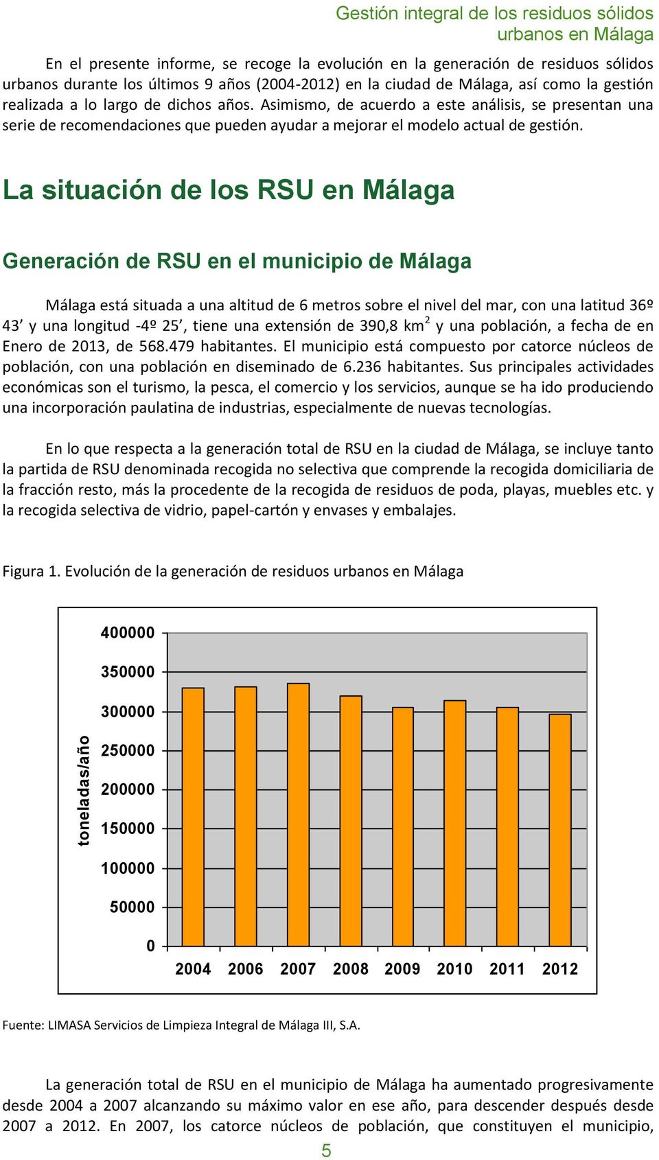 La situación de los RSU en Málaga Generación de RSU en el municipio de Málaga Málaga está situada a una altitud de 6 metros sobre el nivel del mar, con una latitud 36º 43 y una longitud -4º 25, tiene