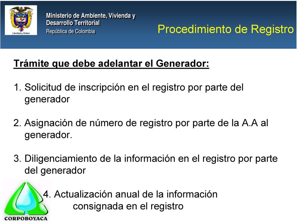 Asignación de número de registro por parte de la A.A al generador. 3.
