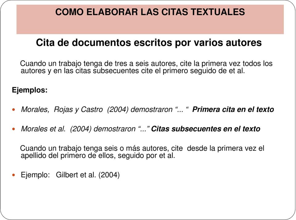 Ejemplos: Morales, Rojas y Castro (2004) demostraron.