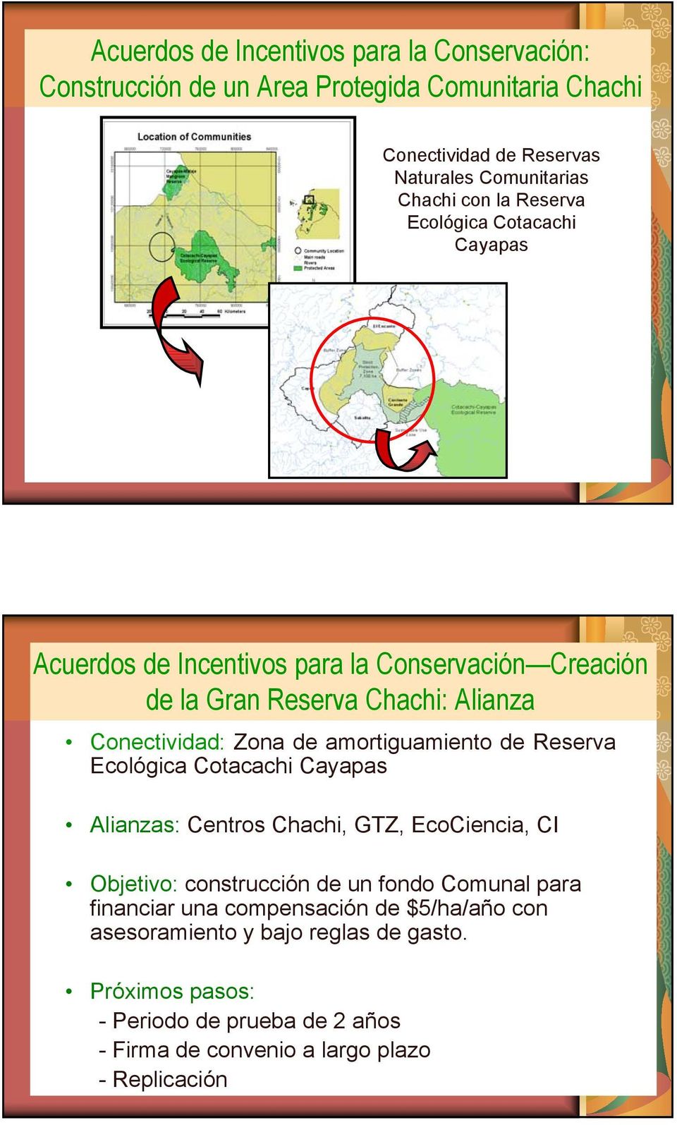 amortiguamiento de Reserva Ecológica Cotacachi Cayapas Alianzas: Centros Chachi, GTZ, EcoCiencia, CI Objetivo: construcción de un fondo Comunal para