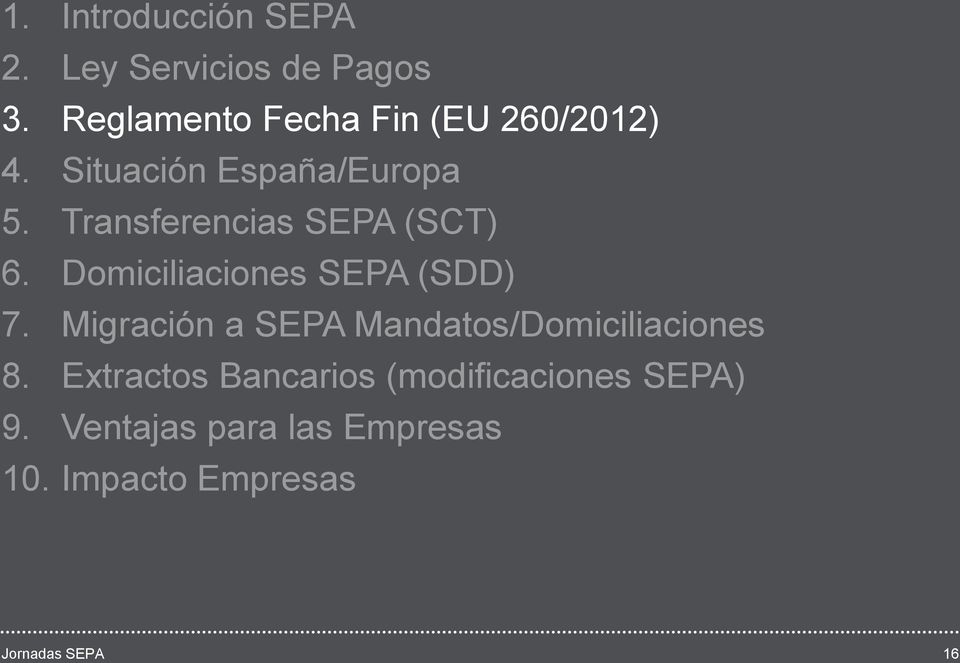 Transferencias SEPA (SCT) 6. Domiciliaciones SEPA (SDD) 7.