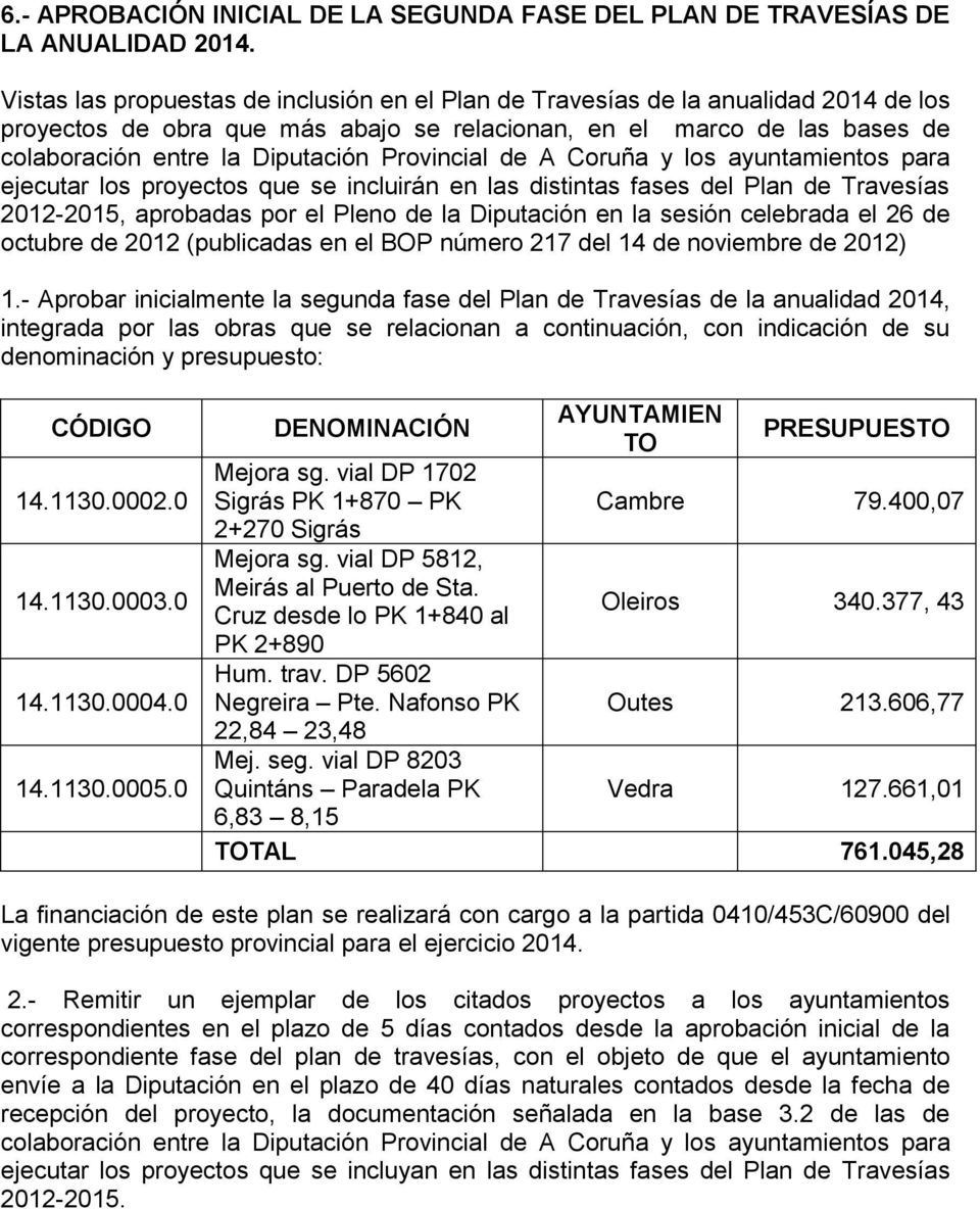 Provincial de A Coruña y los ayuntamientos para ejecutar los proyectos que se incluirán en las distintas fases del Plan de Travesías 2012-2015, aprobadas por el Pleno de la Diputación en la sesión