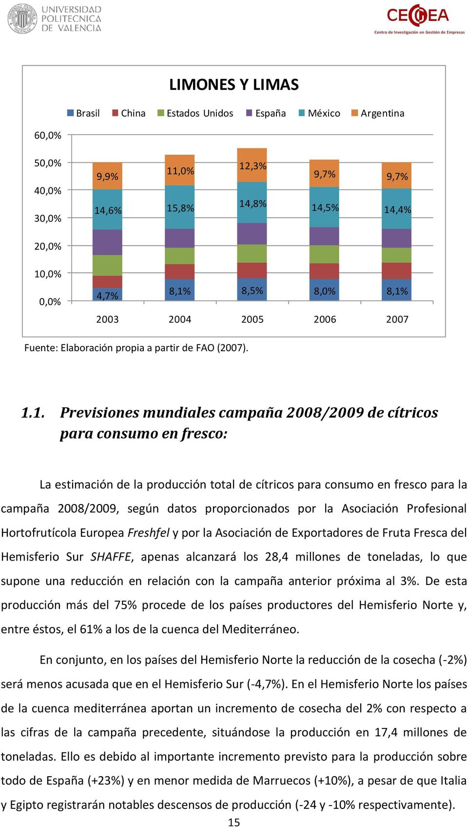 1. Previsiones mundiales campaña 2008/2009 de cítricos para consumo en fresco: La estimación de la producción total de cítricos para consumo en fresco para la campaña 2008/2009, según datos