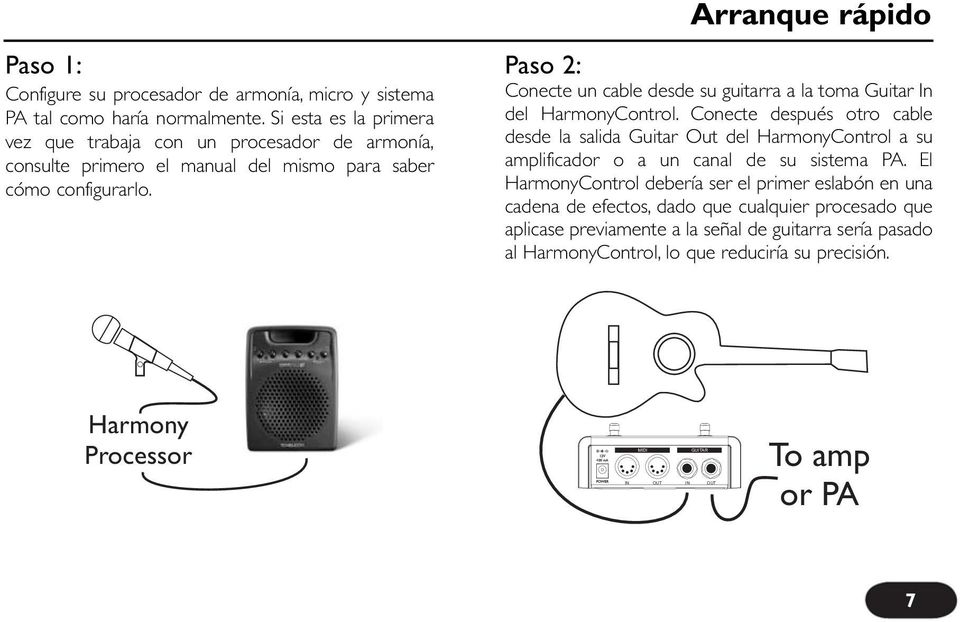 Arranque rápido Paso 2: Conecte un cable desde su guitarra a la toma Guitar In del HarmonyControl.