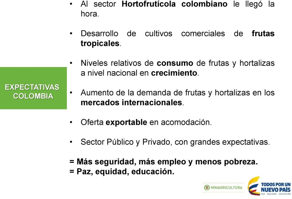 EXPECTATIVAS COLOMBIA Aumento de la demanda de frutas y hortalizas en los mercados internacionales.