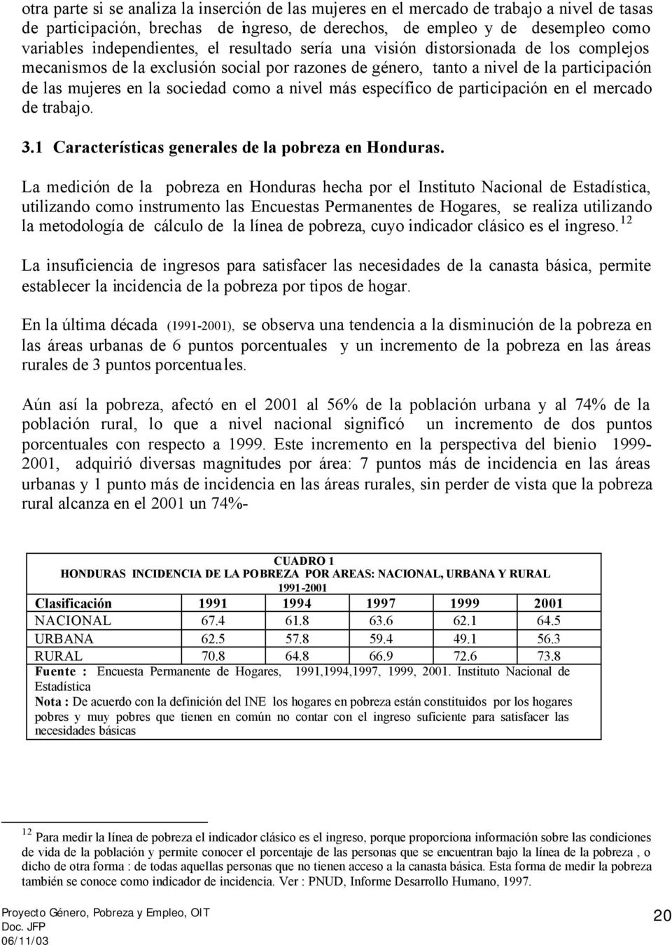 como a nivel más específico de participación en el mercado de trabajo. 3.1 Características generales de la pobreza en Honduras.