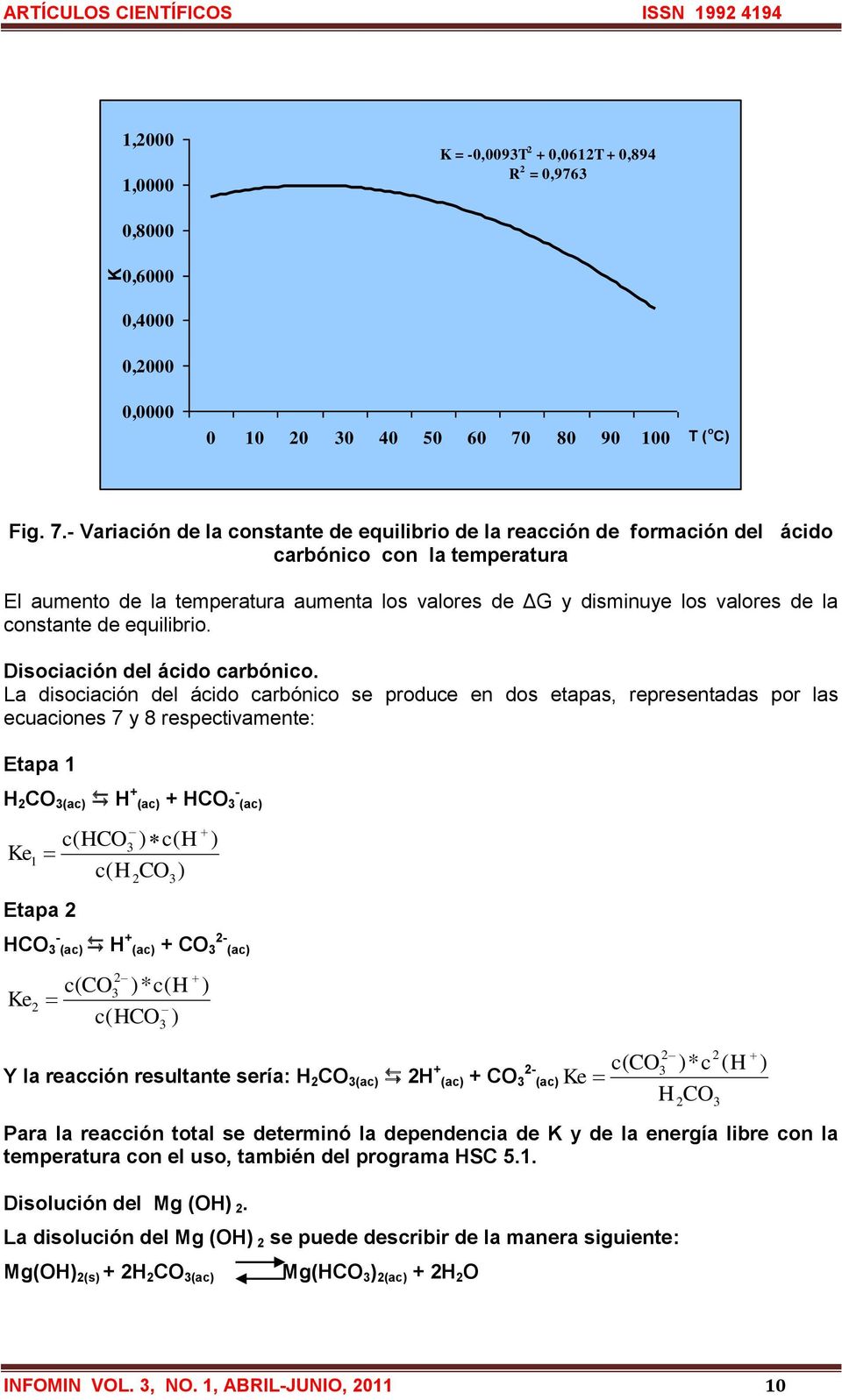 - Variación de la constante de equilibrio de la reacción de formación del ácido carbónico con la temperatura El aumento de la temperatura aumenta los valores de ΔG y disminuye los valores de la
