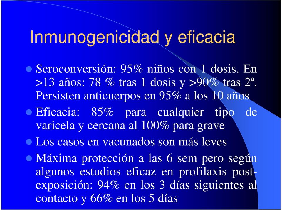 Persisten anticuerpos en 95% a los 10 años Eficacia: 85% para cualquier tipo de varicela y cercana al 100%