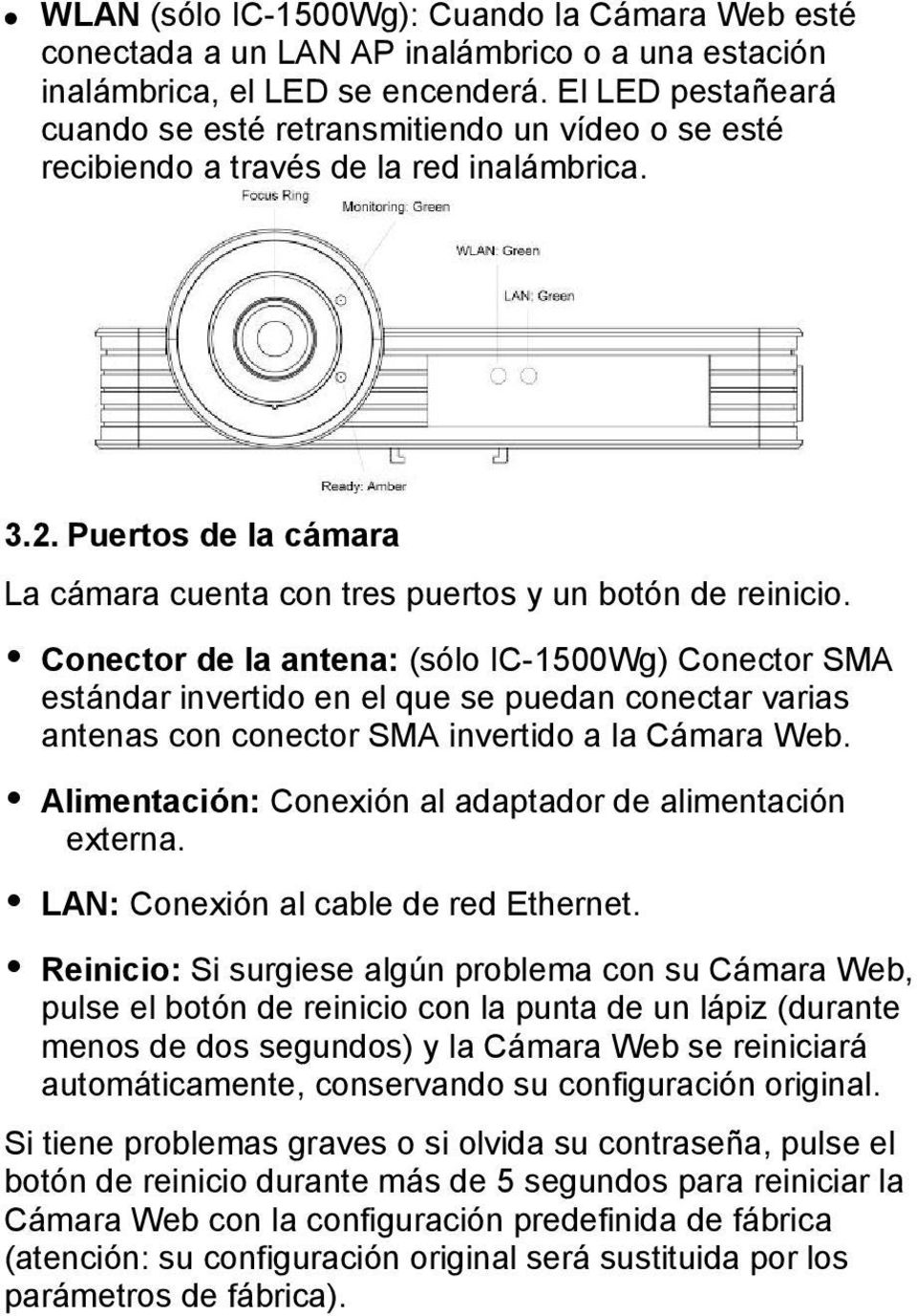 Conector de la antena: (sólo IC-1500Wg) Conector SMA estándar invertido en el que se puedan conectar varias antenas con conector SMA invertido a la Cámara Web.