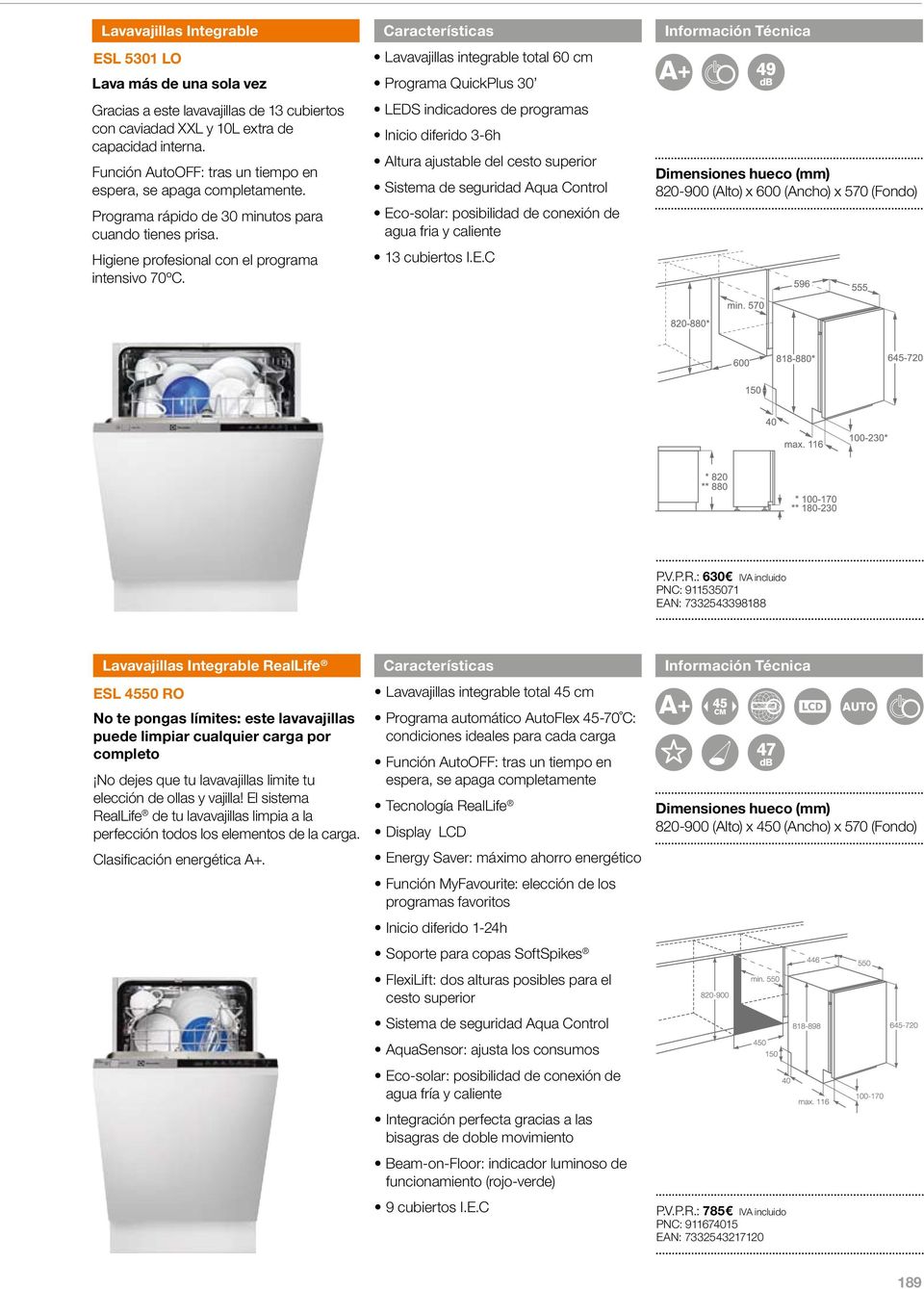 Lavavajillas integrable total 60 cm Programa QuickPlus 30 LEDS indicadores de programas Inicio diferido 3-6h Altura ajustable del cesto superior Eco-solar: posibilidad de conexión de agua fria y