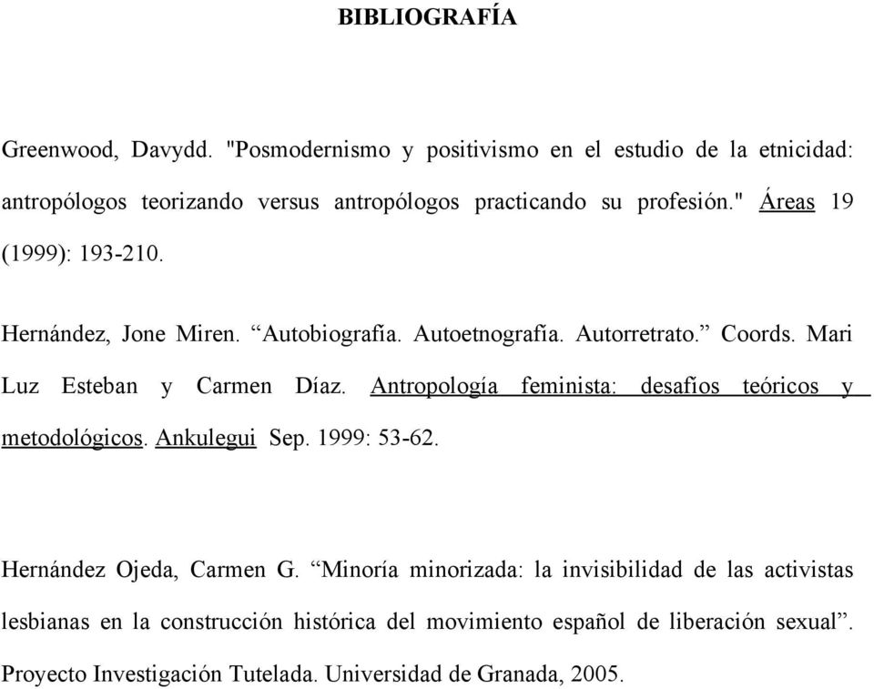 " Áreas 19 (1999): 193-210. Hernández, Jone Miren. Autobiografía. Autoetnografía. Autorretrato. Coords. Mari Luz Esteban y Carmen Díaz.