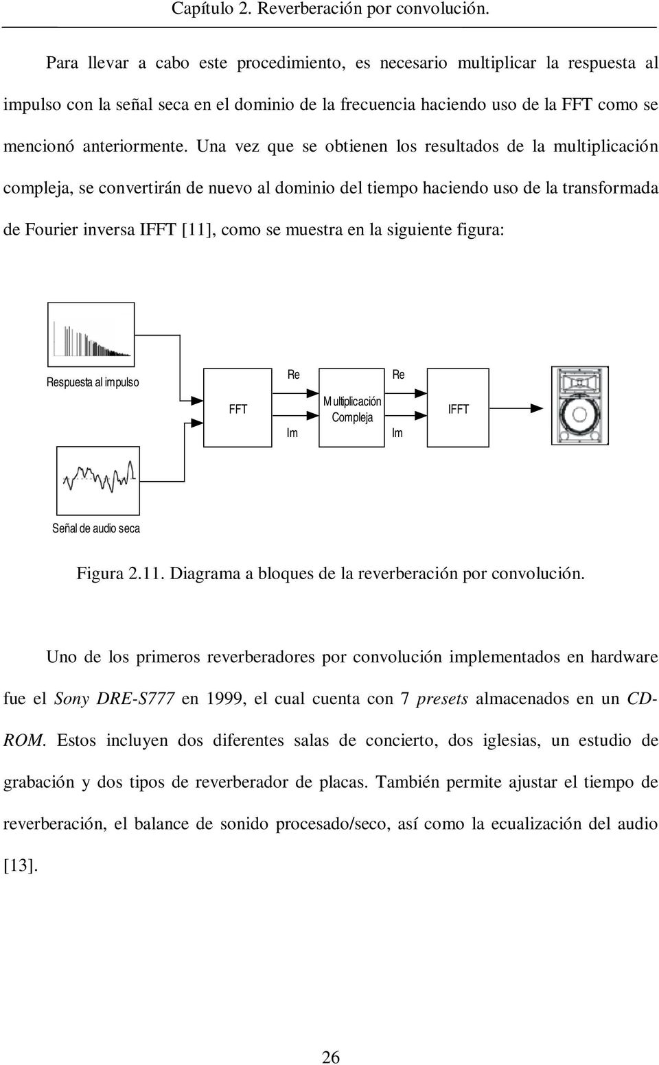 siguiente figura: Respuesta al impulso Re Re FFT Im M ultiplicación Compleja Im IFFT Señal de audio seca Figura 2.11. Diagrama a bloques de la reverberación por convolución.