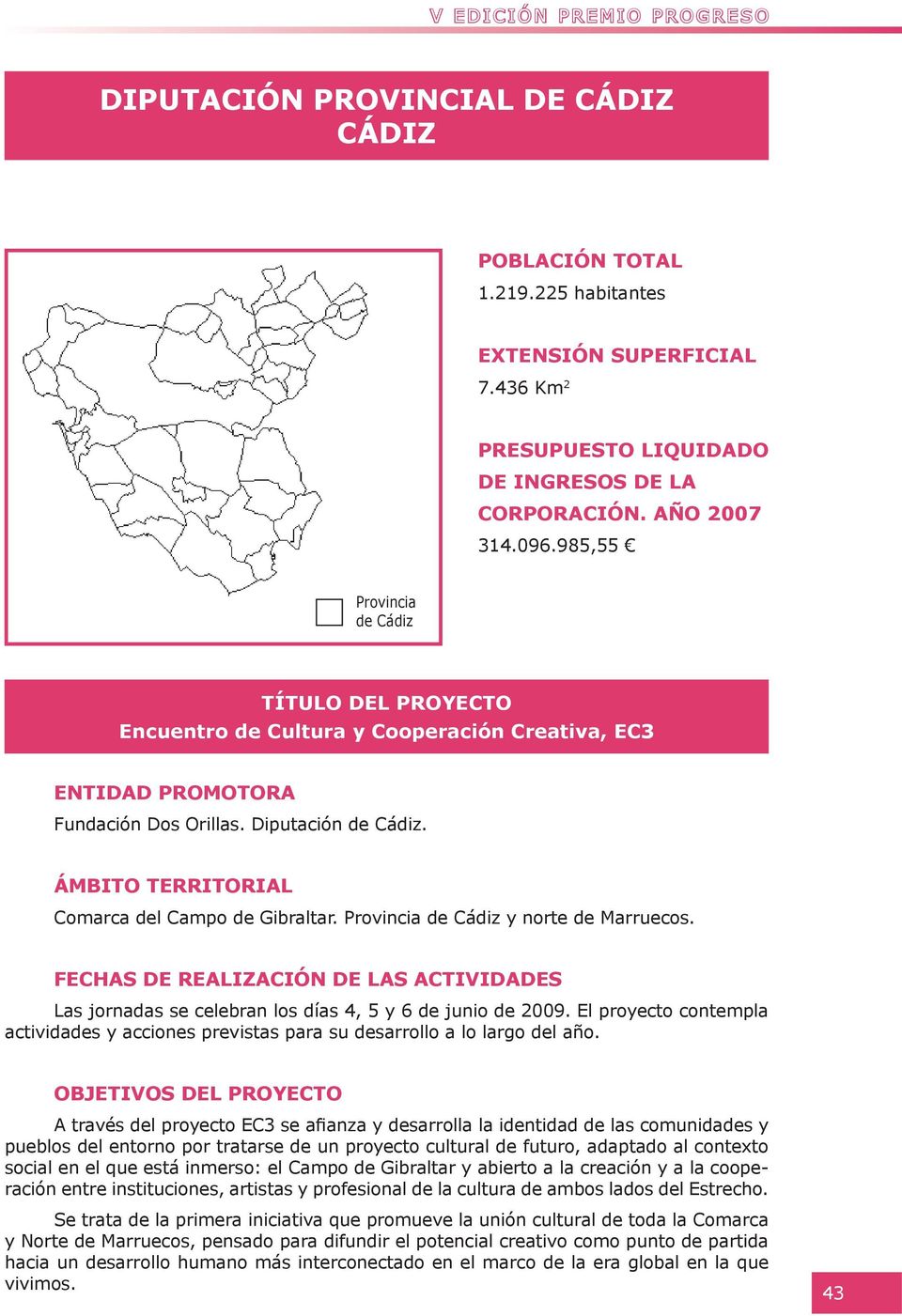 985,55 Provincia de Cádiz TÍTULO DEL PROYECTO Encuentro de Cultura y Cooperación Creativa, EC3 ENTIDAD PROMOTORA Fundación Dos Orillas. Diputación de Cádiz.