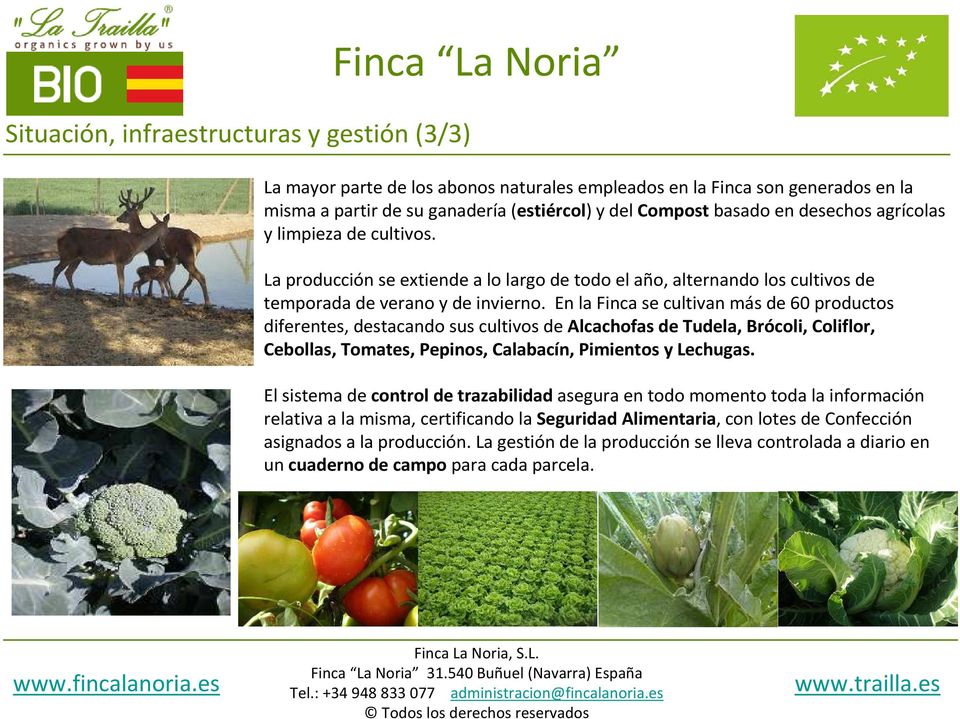 En la Finca se cultivan más de 60 productos diferentes, destacando sus cultivos de Alcachofas de Tudela, Brócoli, Coliflor, Cebollas, Tomates, Pepinos, Calabacín, Pimientos y Lechugas.