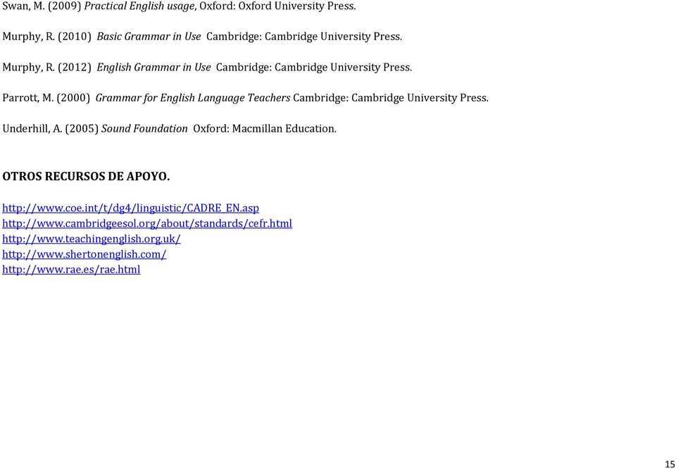 (2000) Grammar for English Language Teachers Cambridge: Cambridge University Press. Underhill, A. (2005) Sound Foundation Oxford: Macmillan Education.