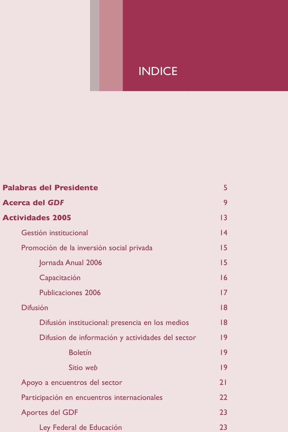 institucional: presencia en los medios 18 Difusion de información y actividades del sector 19 Boletín 19 Sitio web