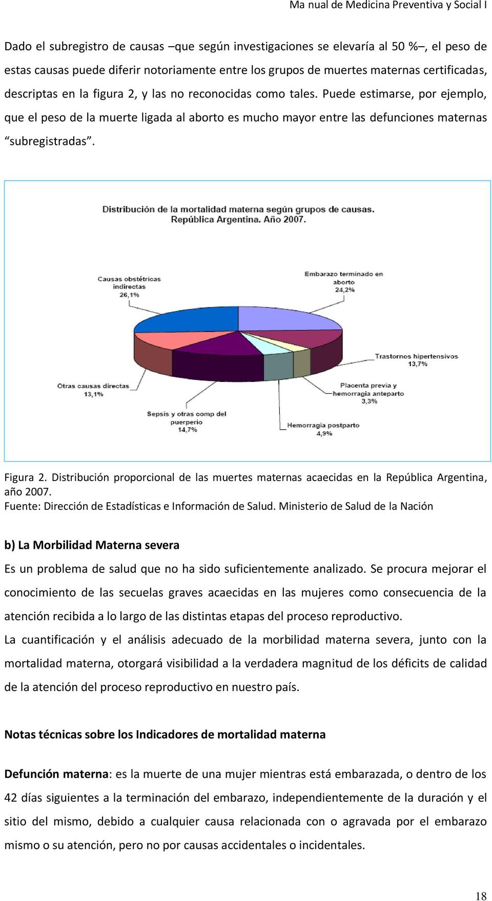 Distribución proporcional de las muertes maternas acaecidas en la República Argentina, año 2007. Fuente: Dirección de Estadísticas e Información de Salud.