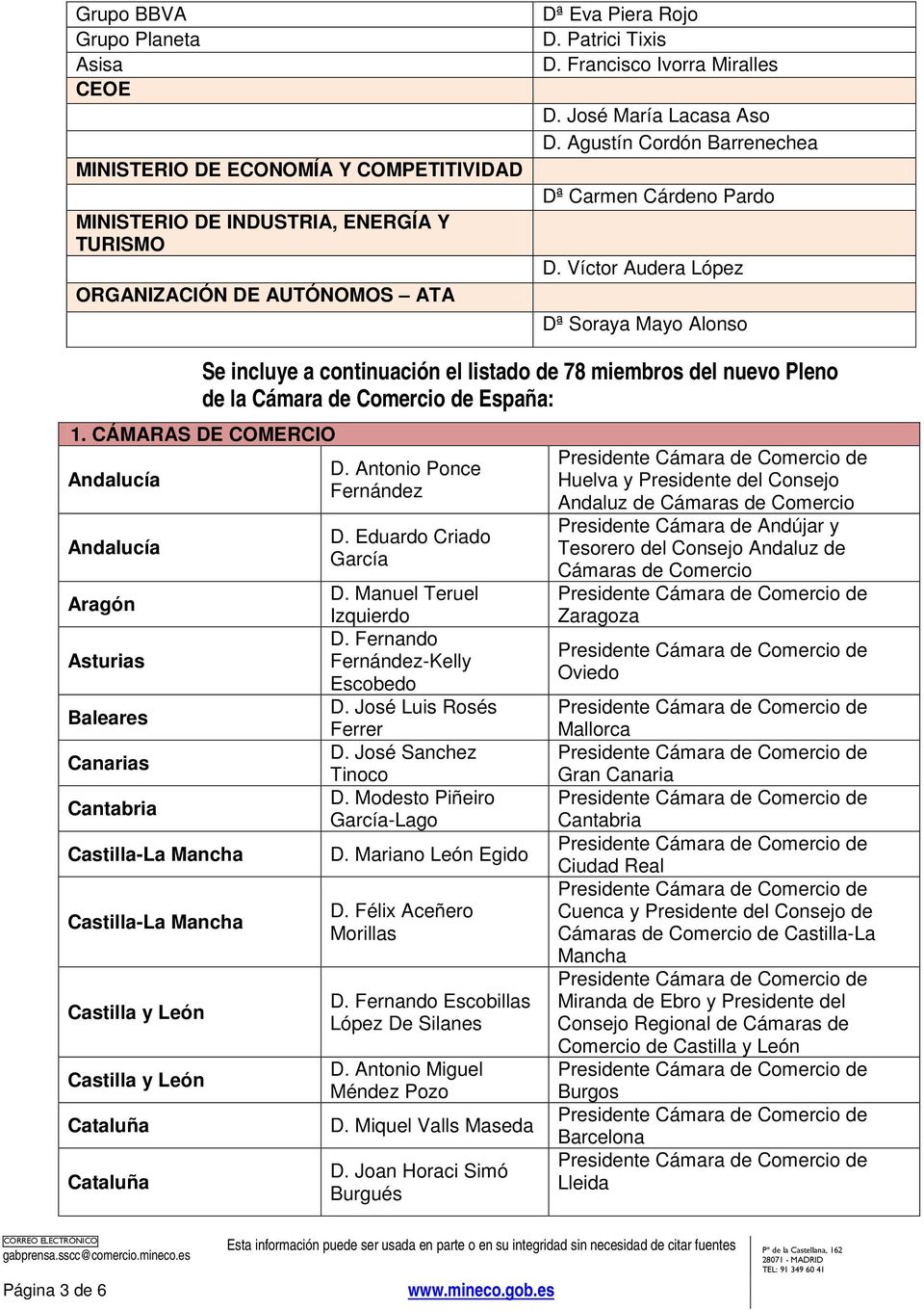 Víctor Audera López Dª Soraya Mayo Alonso Se incluye a continuación el listado de 78 miembros del nuevo Pleno de la Cámara de Comercio de España: 1.