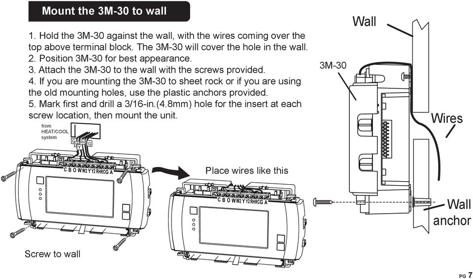 If you are mounting the 3M-30 to sheet rock or if you are using the old mounting holes, use the plastic anchors provided. 5.