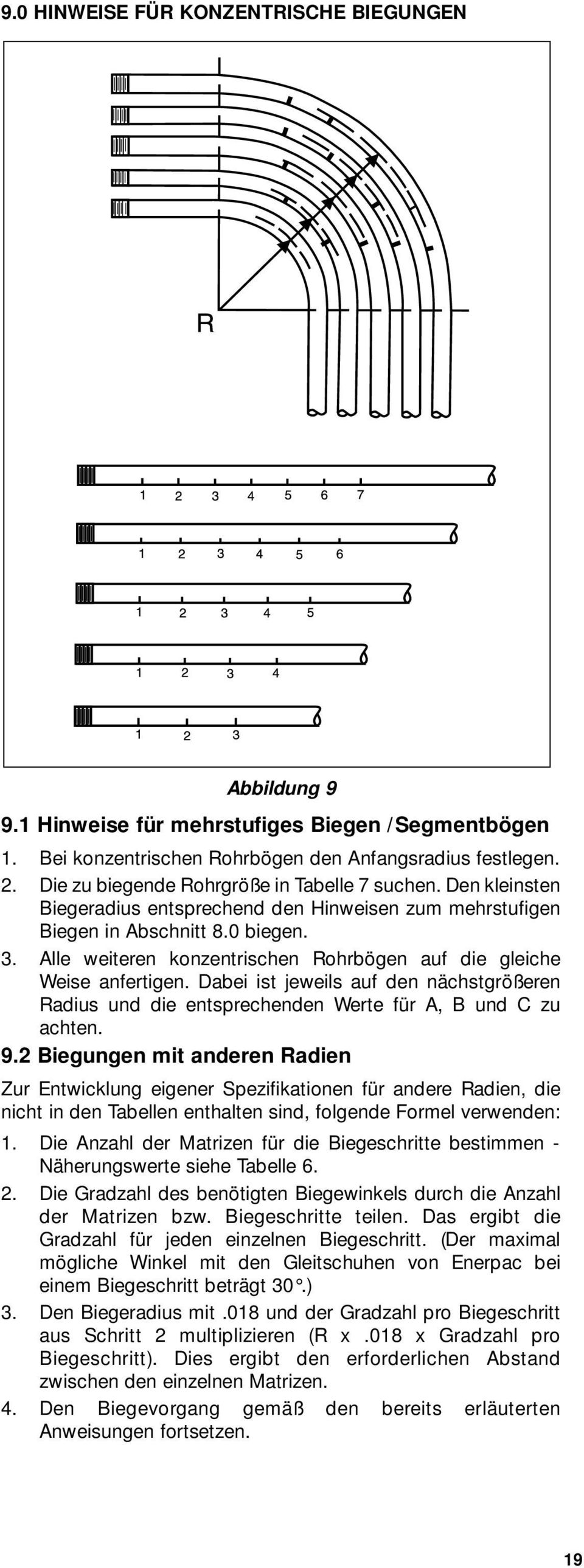 Alle weiteren konzentrischen Rohrbögen auf die gleiche Weise anfertigen. Dabei ist jeweils auf den nächstgrößeren Radius und die entsprechenden Werte für A, B und C zu achten. 9.