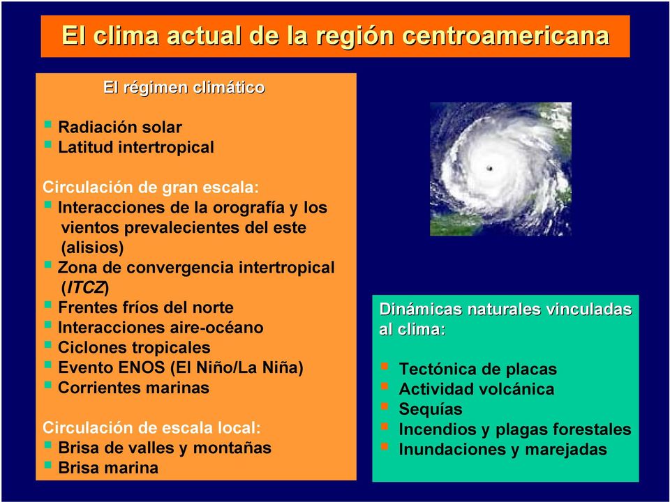 Interacciones aire-océano Ciclones tropicales Evento ENOS (El Niño/La Niña) Corrientes marinas Circulación de escala local: Brisa de valles y