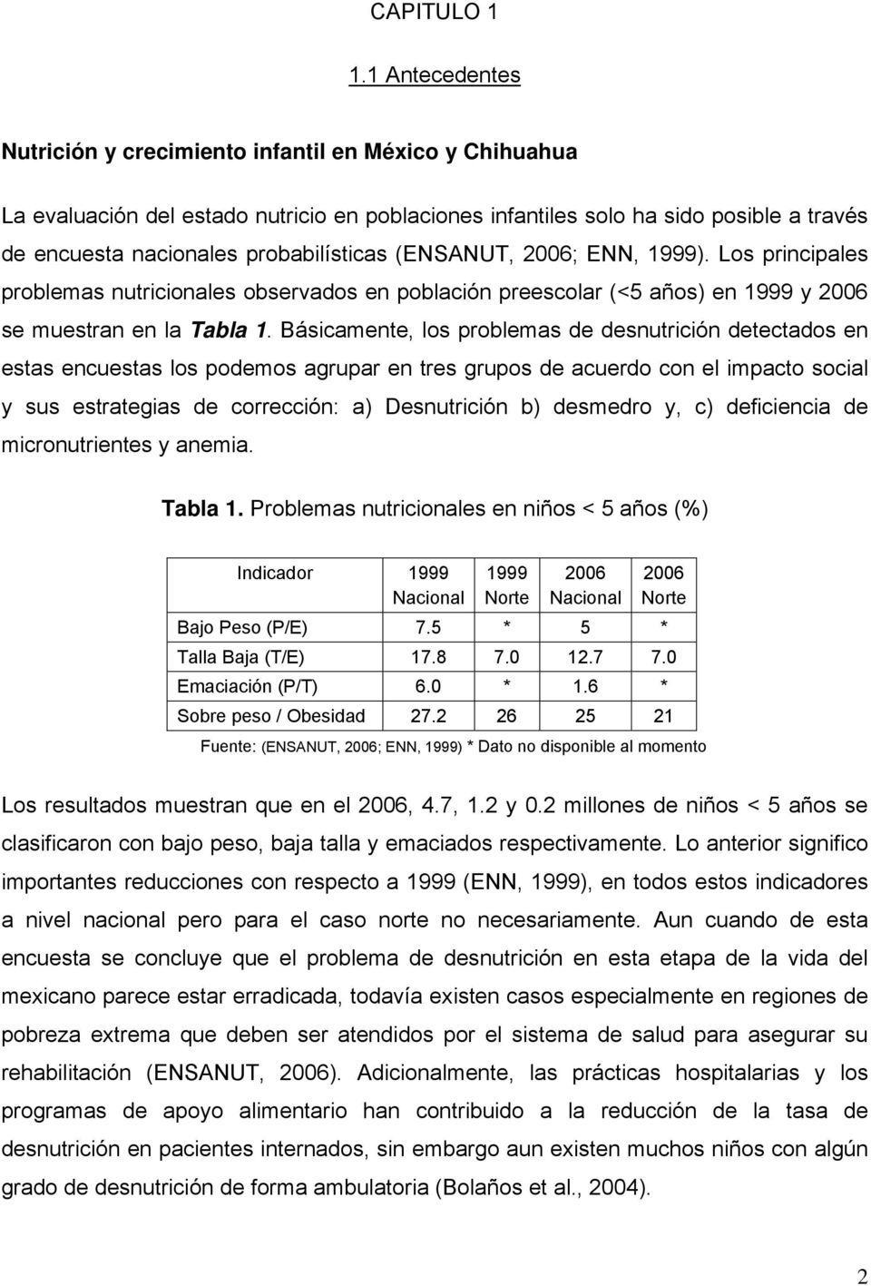 (ENSANUT, 2006; ENN, 1999). Los principales problemas nutricionales observados en población preescolar (<5 años) en 1999 y 2006 se muestran en la Tabla 1.