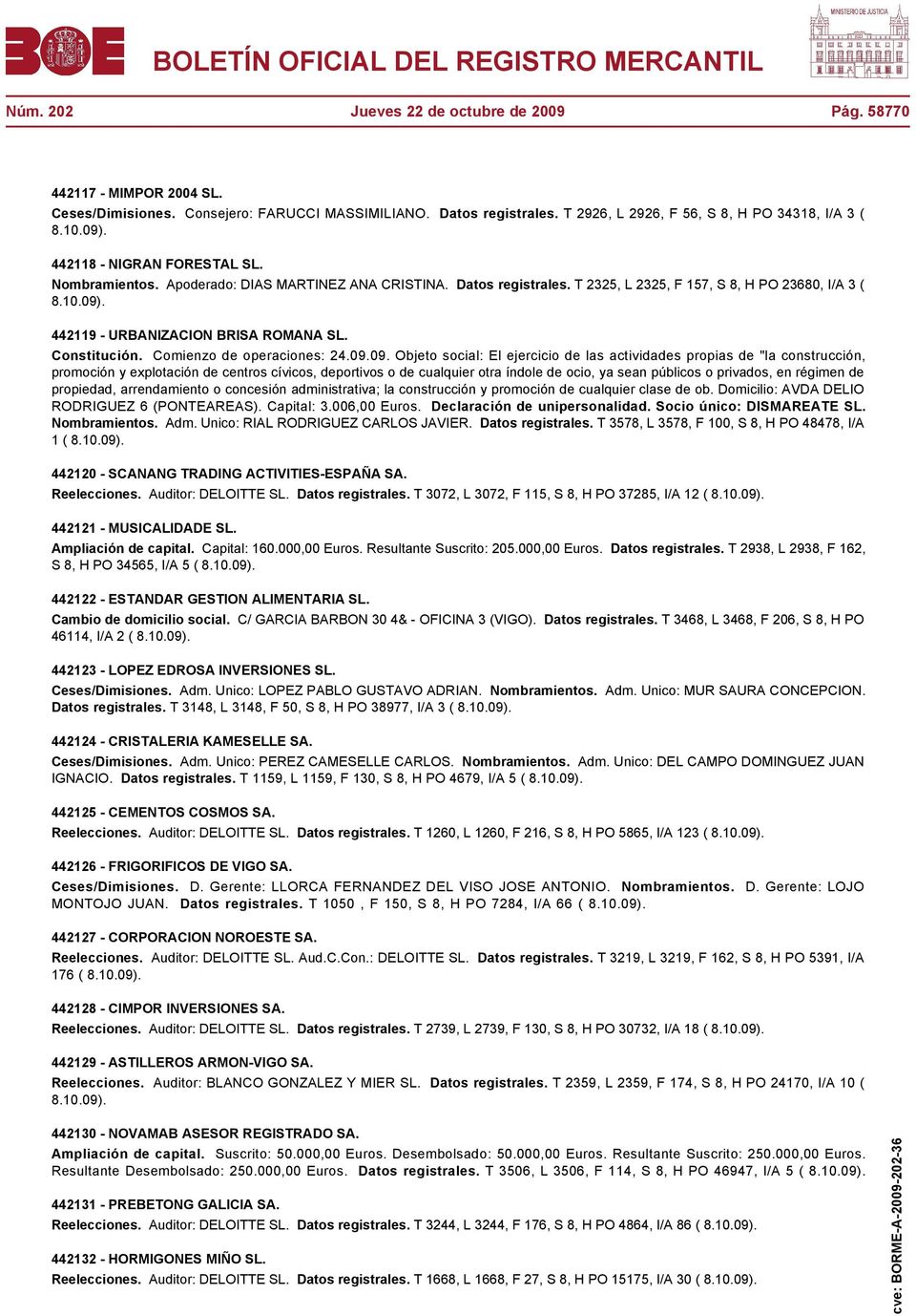 T 2325, L 2325, F 157, S 8, H PO 23680, I/A 3 ( 442119 - URBANIZACION BRISA ROMANA SL. Constitución. Comienzo de operaciones: 24.09.