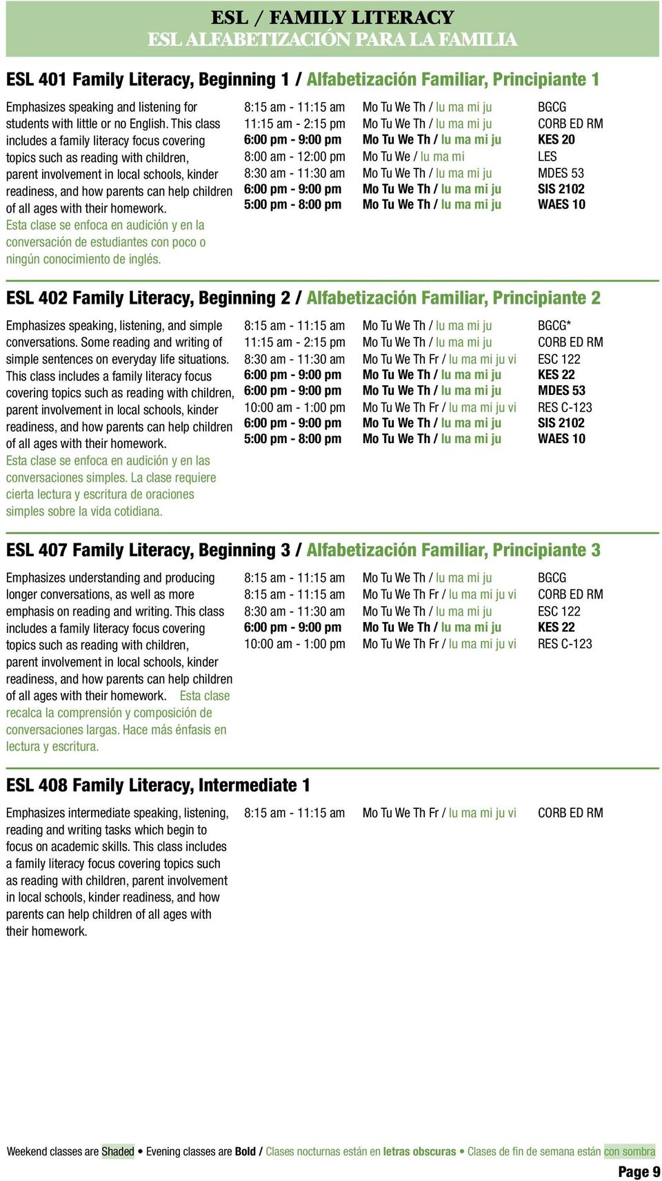 This class includes a family literacy focus covering topics such as reading with children, parent involvement in local schools, kinder readiness, and how parents can help children of all ages with