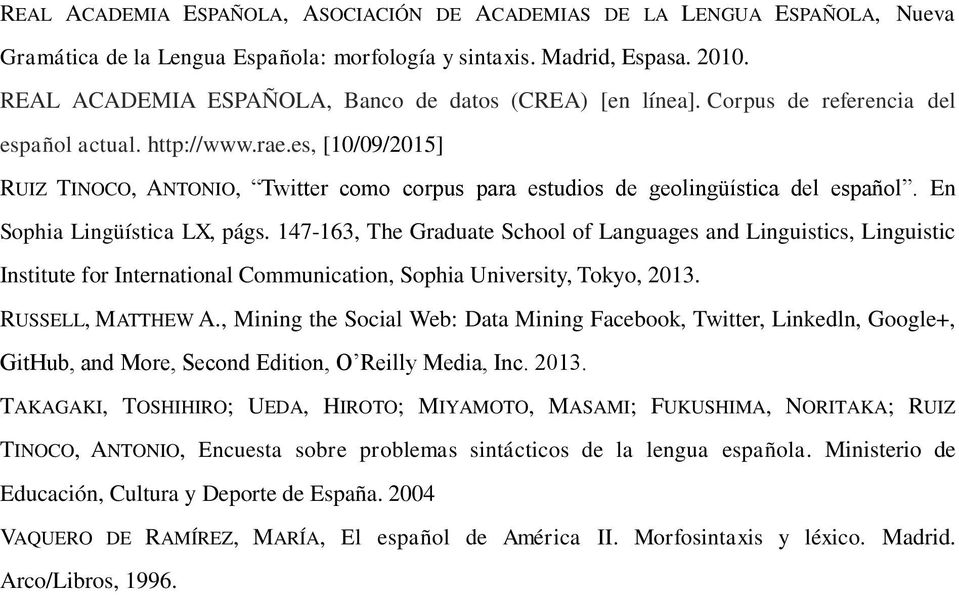 es, [10/09/2015] RUIZ TINOCO, ANTONIO, Twitter como corpus para estudios de geolingüística del español. En Sophia Lingüística LX, págs.