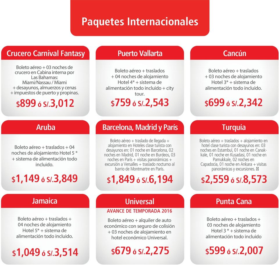 2,543 Cancún Boleto aéreo + traslados + 03 noches de alojamiento Hotel 3* + sistema de alimentación todo incluido. $699 ó S/.