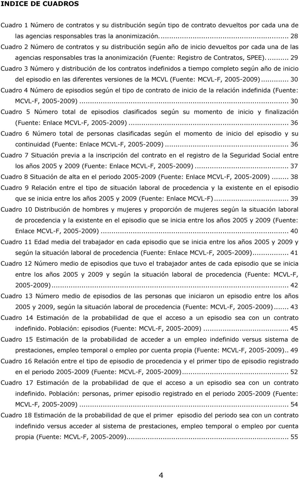 ... 29 Cuadro 3 Número y distribución de los contratos indefinidos a tiempo completo según año de inicio del episodio en las diferentes versiones de la MCVL (Fuente: MCVL-F, 2005-2009).