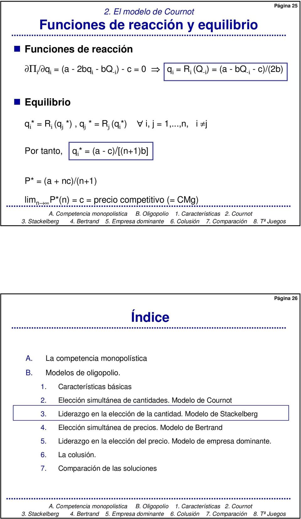 La competencia monopolística B. Modelos de oligopolio. 1. Características básicas 2. Elección simultánea de cantidades. Modelo de Cournot 3.