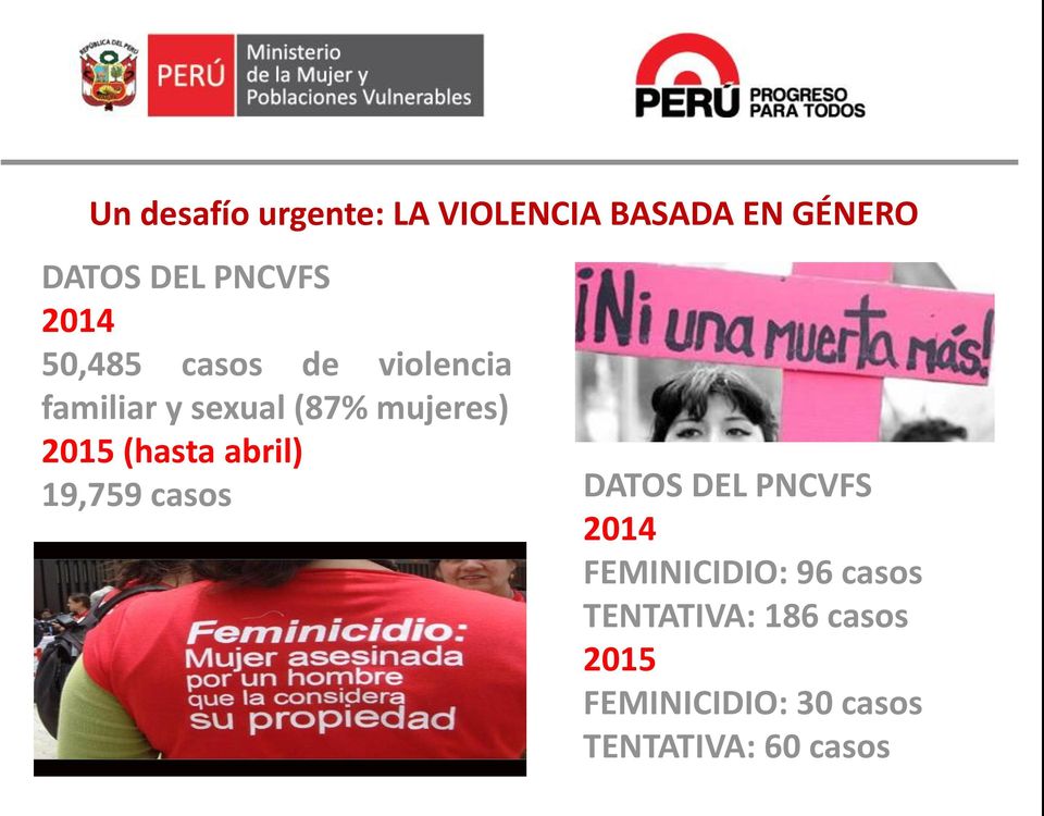 (hasta abril) 19,759 casos DATOS DEL PNCVFS 2014 FEMINICIDIO: 96