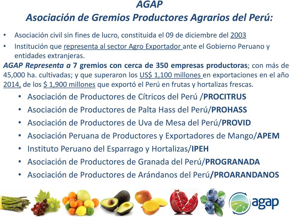 cultivadas; y que superaron los US$ 1,100 millones en exportaciones en el año 2014, de los $ 1,900 millones que exportó el Perú en frutas y hortalizas frescas.