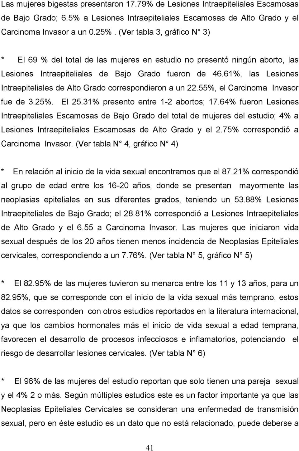 61%, las Lesiones Intraepiteliales de Alto Grado correspondieron a un 22.55%, el Carcinoma Invasor fue de 3.25%. El 25.31% presento entre 1-2 abortos; 17.