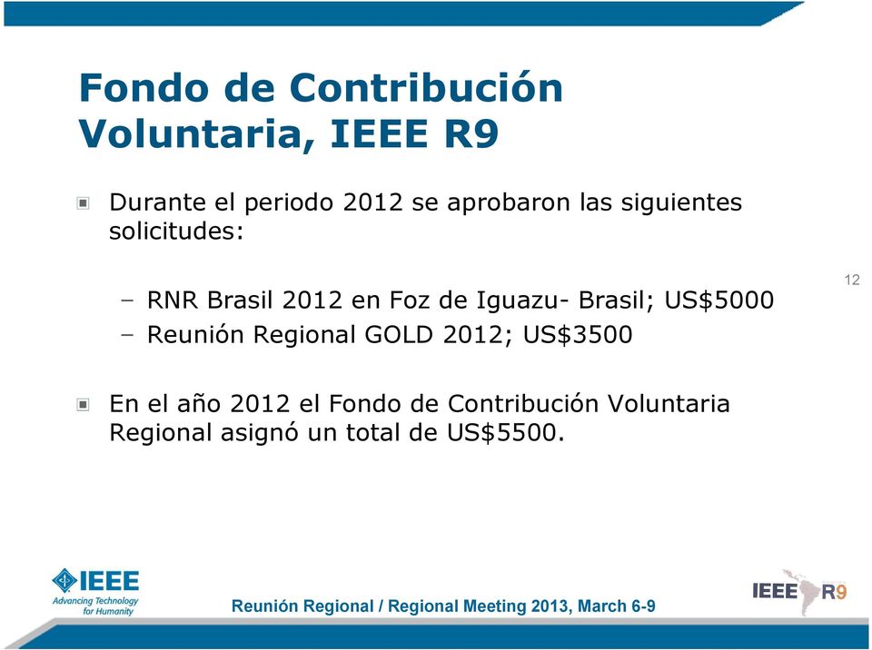 Iguazu- Brasil; US$5000 Reunión Regional GOLD 2012; US$3500 12 En el