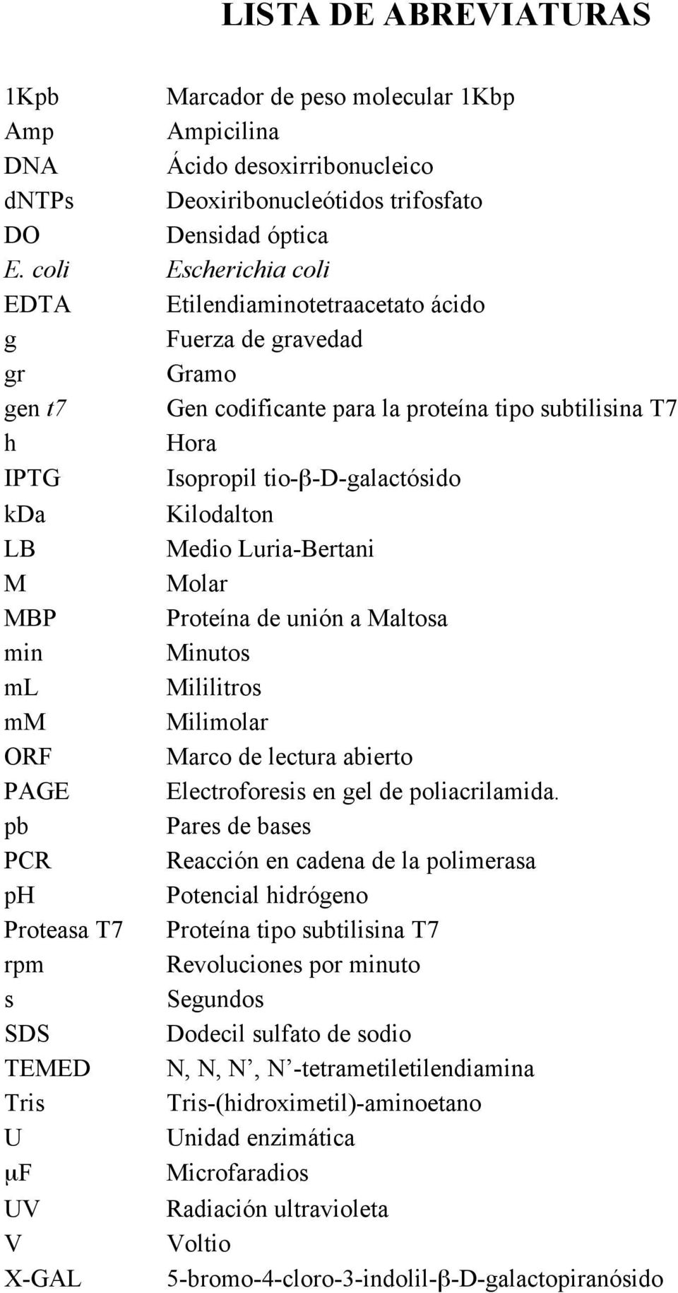 Kilodalton LB Medio Luria-Bertani M Molar MBP Proteína de unión a Maltosa min Minutos ml Mililitros mm Milimolar ORF Marco de lectura abierto PAGE Electroforesis en gel de poliacrilamida.