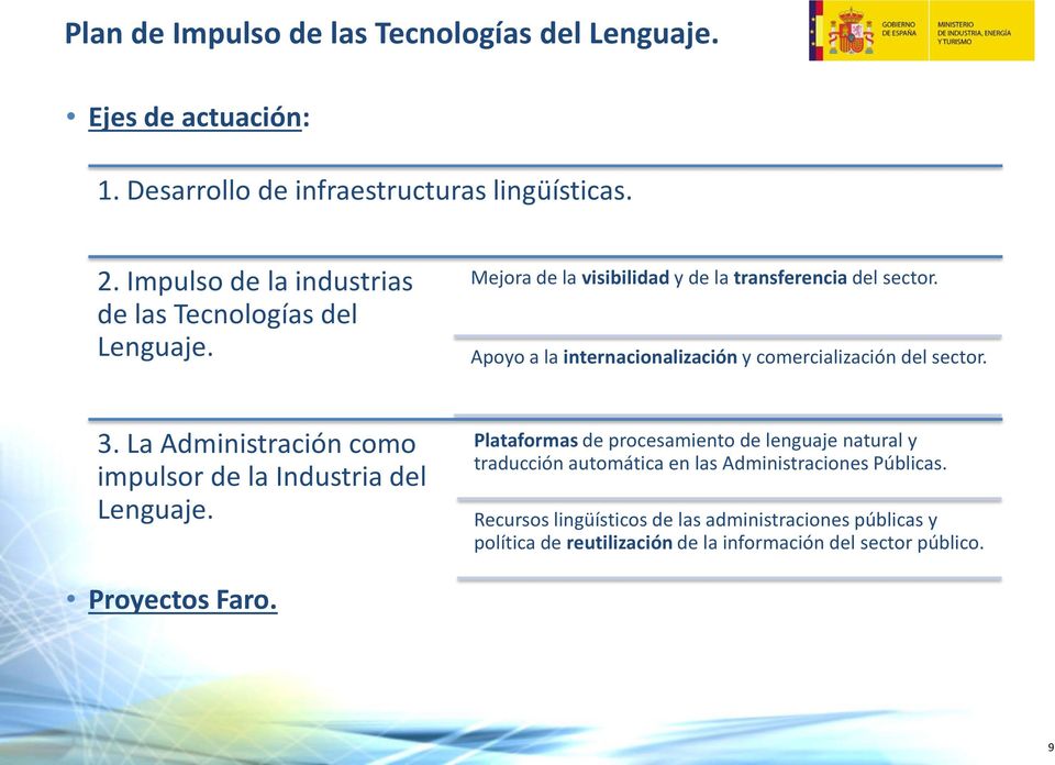 Apoyo a la internacionalización y comercialización del sector. 3. La Administración como impulsor de la Industria del Lenguaje.