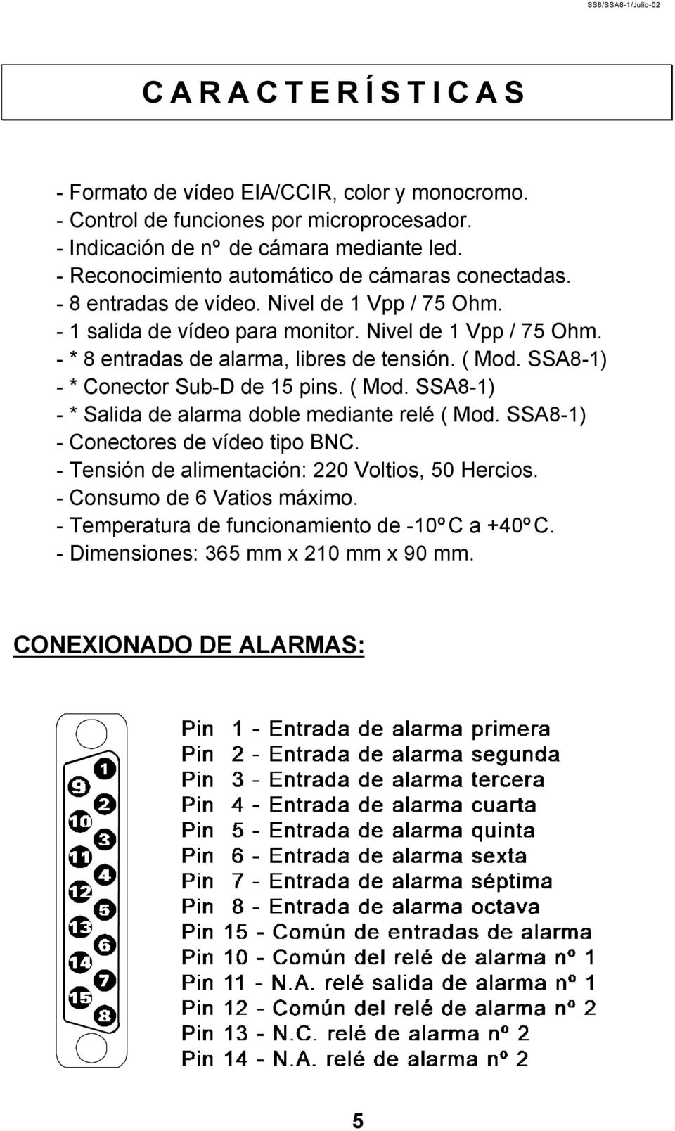 ( Mod. SSA8-1) - * Conector Sub-D de 15 pins. ( Mod. SSA8-1) - * Salida de alarma doble mediante relé ( Mod. SSA8-1) - Conectores de vídeo tipo BNC.
