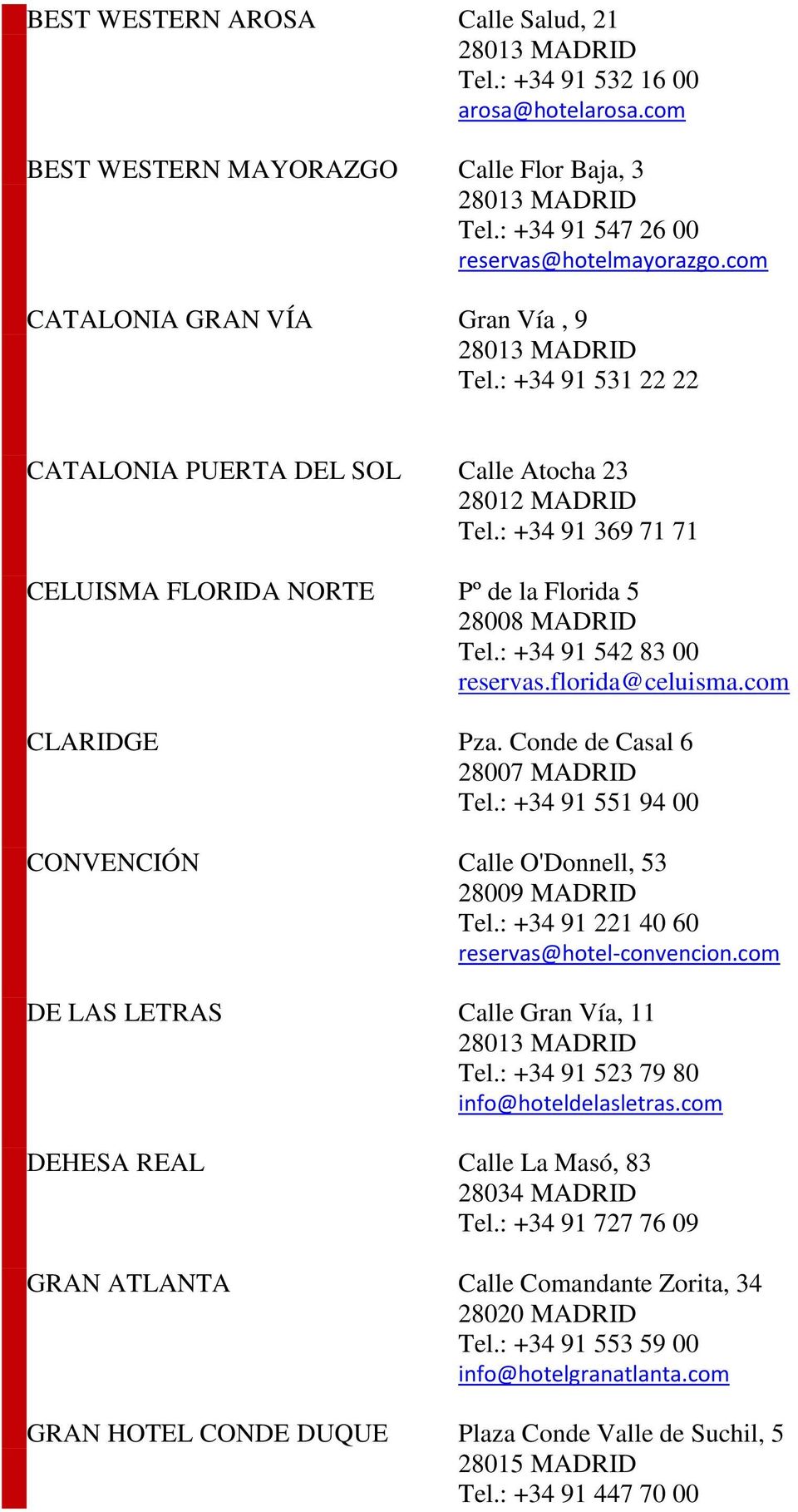 : +34 91 542 83 00 reservas.florida@celuisma.com CLARIDGE Pza. Conde de Casal 6 28007 MADRID Tel.: +34 91 551 94 00 CONVENCIÓN Calle O'Donnell, 53 28009 MADRID Tel.