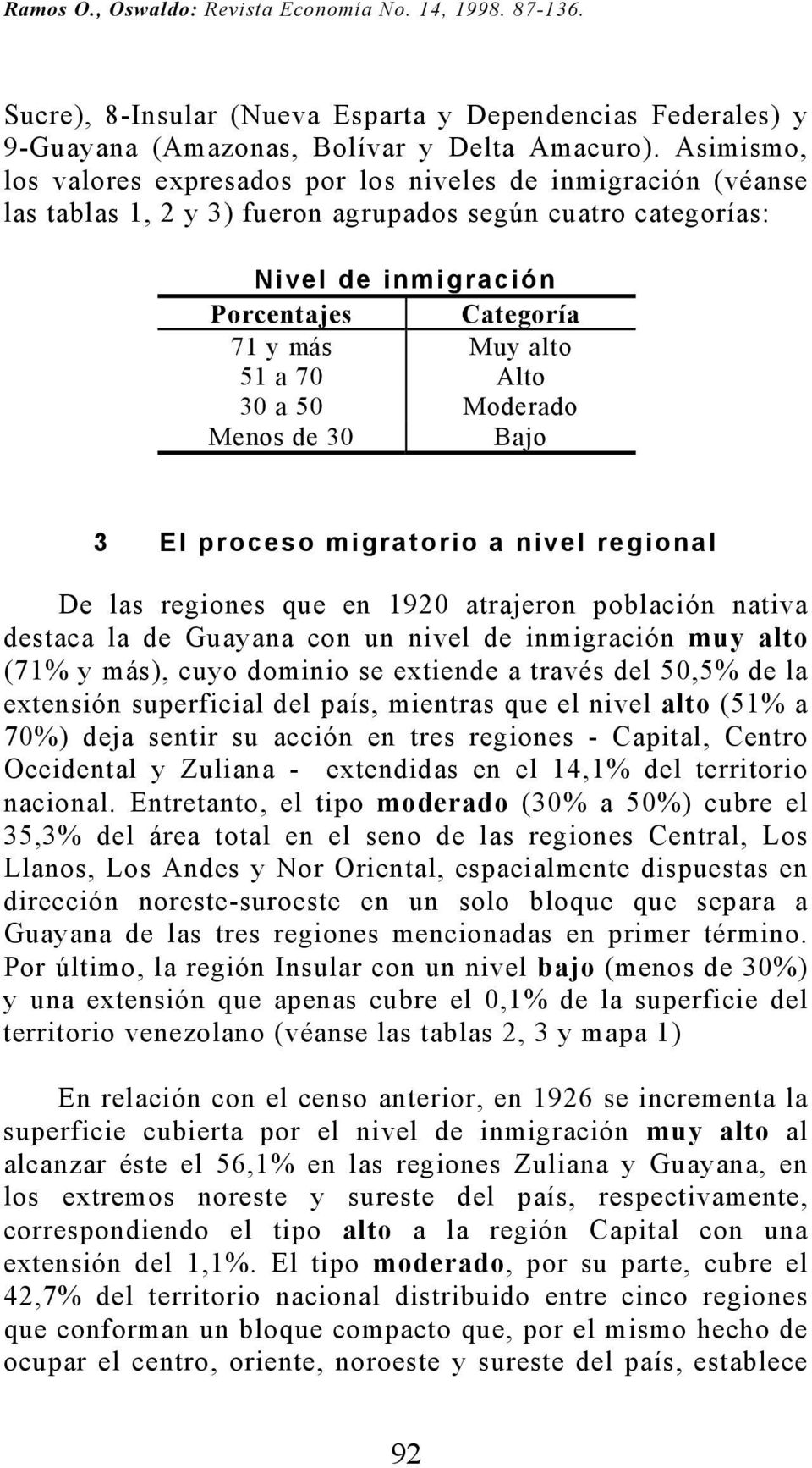 a 70 Alto 30 a 50 Moderado Menos de 30 Bajo 3 El proceso migratorio a nivel regional De las regiones que en 1920 atrajeron población nativa destaca la de Guayana con un nivel de inmigración muy alto